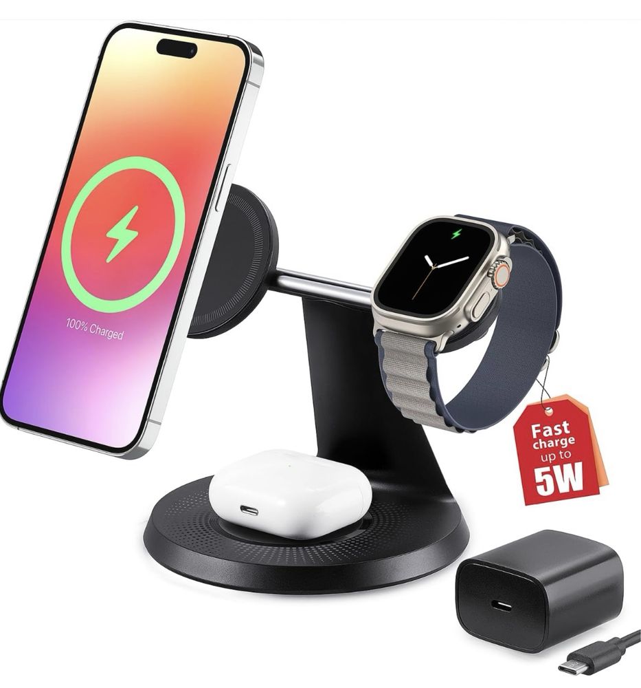 3в1 магнитно безжично зарядно за iPhone, iWatch, AirPods