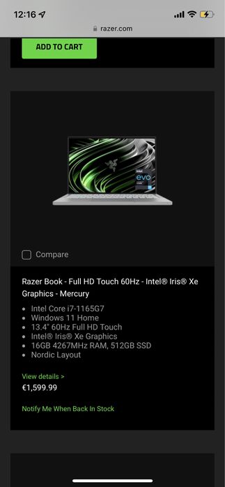 Business laptop RAZER Book 13 inch 16GB RAM, Intel i7-1165G7 11-th Gen