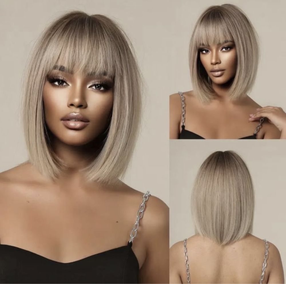 Peruca R40 Blonda Ombre Bob Scurta Breton Blond Cenusiu Gri Platinat