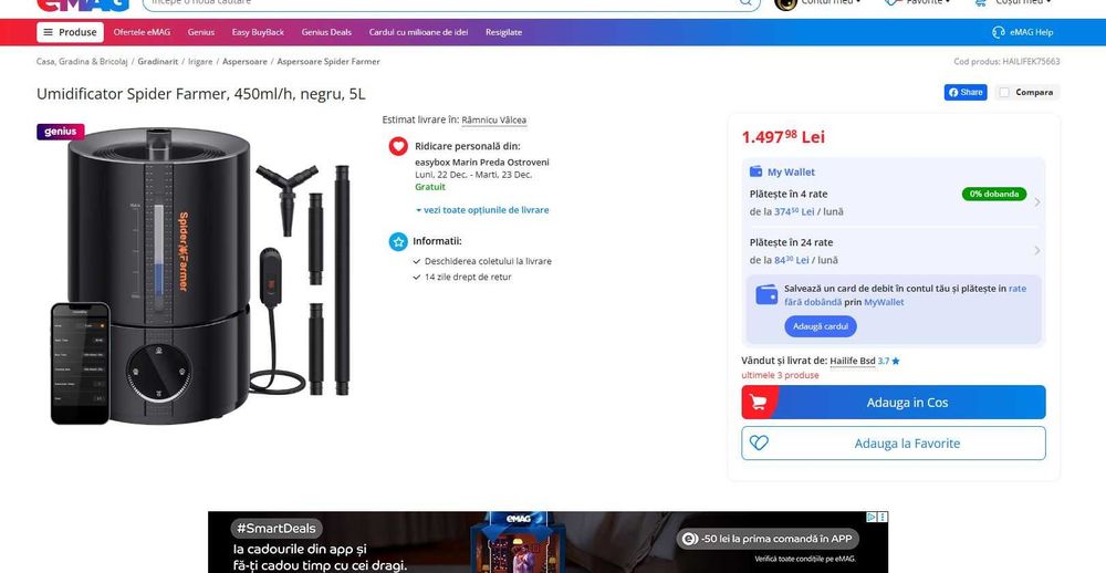 Umidificator cu ultrasunete inteligent Spider Farmer GGS cu higrometru