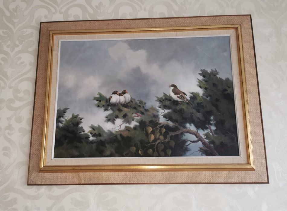 Антикварна картина в рамка и паспарту УОЛТЪР ЛИЛЕНБЕРГ „ПТИЦИ НА КЛОН“