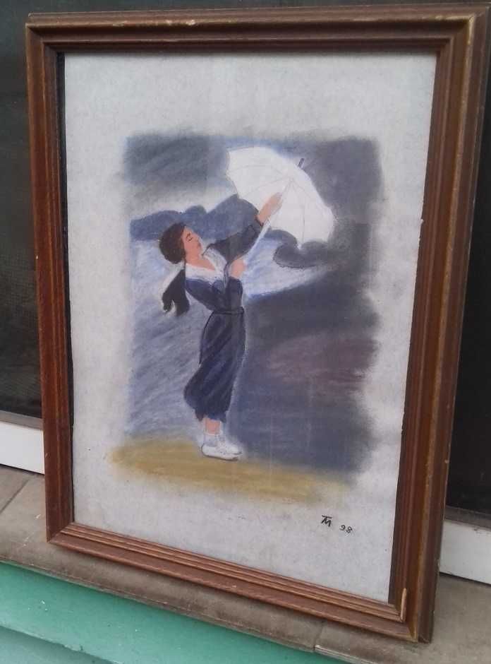 Tablou pastel- femeie cu umbrela - semnat