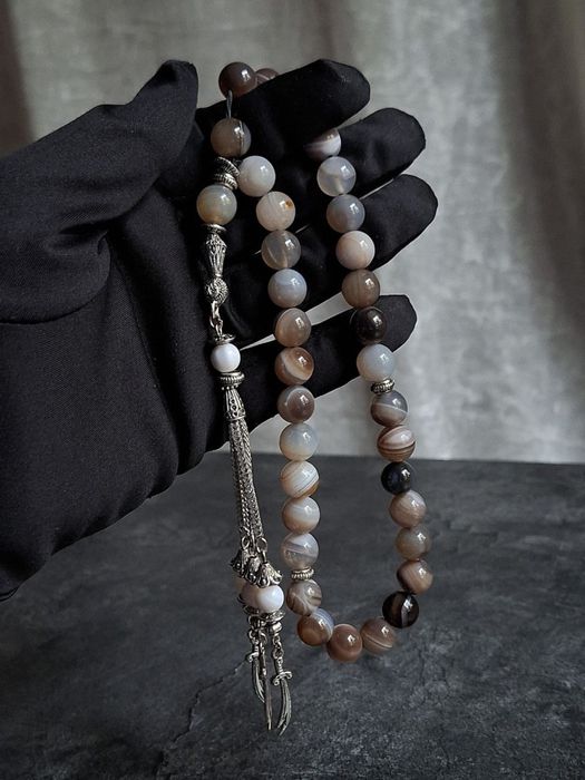 Премиальные чётки(тасбих) ручной работы из белого агата — 33 бусины