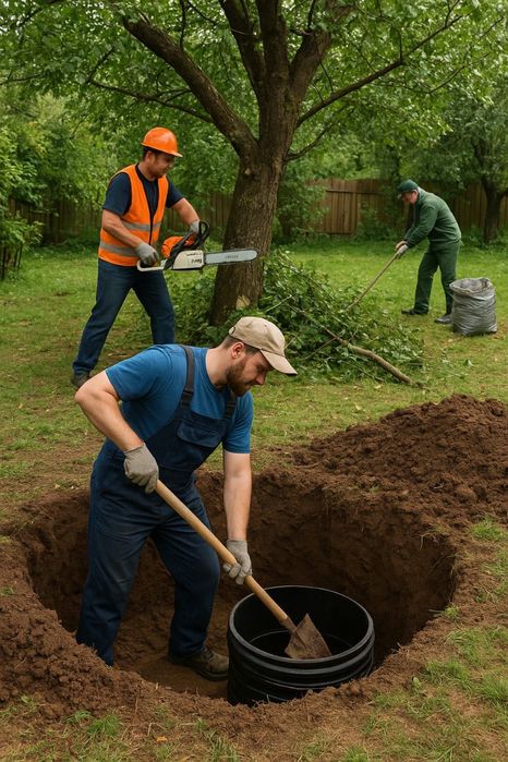 Копаем септик траншем пилим деревья уборка теретории