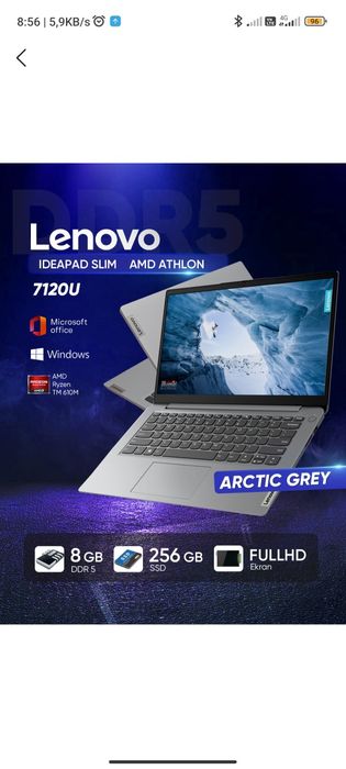 Lenovo IdeaPad Slim noutbuki, AMD Athlon 7120U, 8 GB DDR5 operativ xot