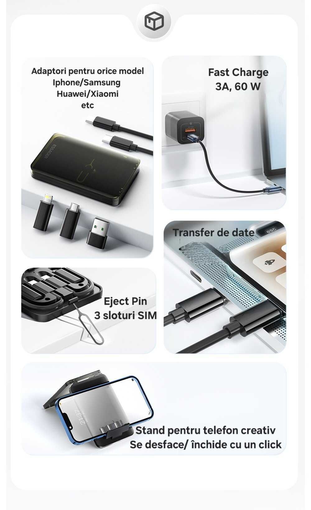 Cutie Travel 3 adaptori+cablu fast charge. Orice telefon/laptop.