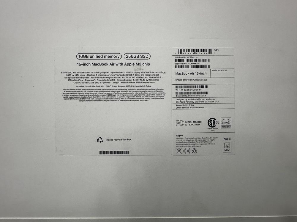 Apple Macbook Air M3 16-256 GB 15 inch экран новый