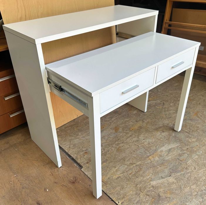 Consola Birou Extensibil cu 2 sertare; Birou MDF alb; Masa de machiaj