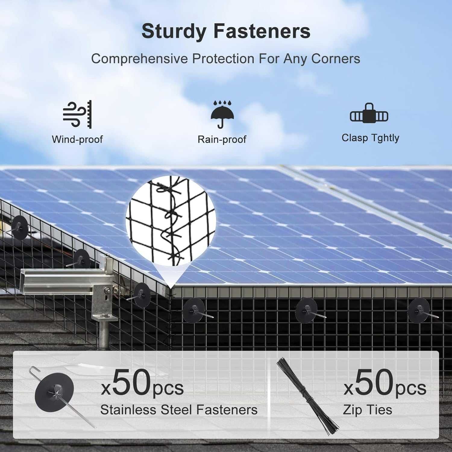 Plasa protectie antipasari panouri solare, 50 elemente de fixare, 15cm