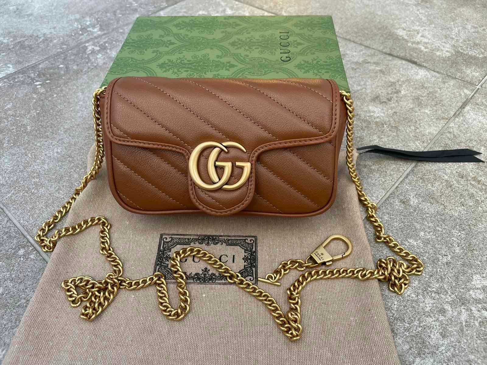 Оригинална чанта Gucci Marmont Супер мини Кафява кожa Гучи GG лого