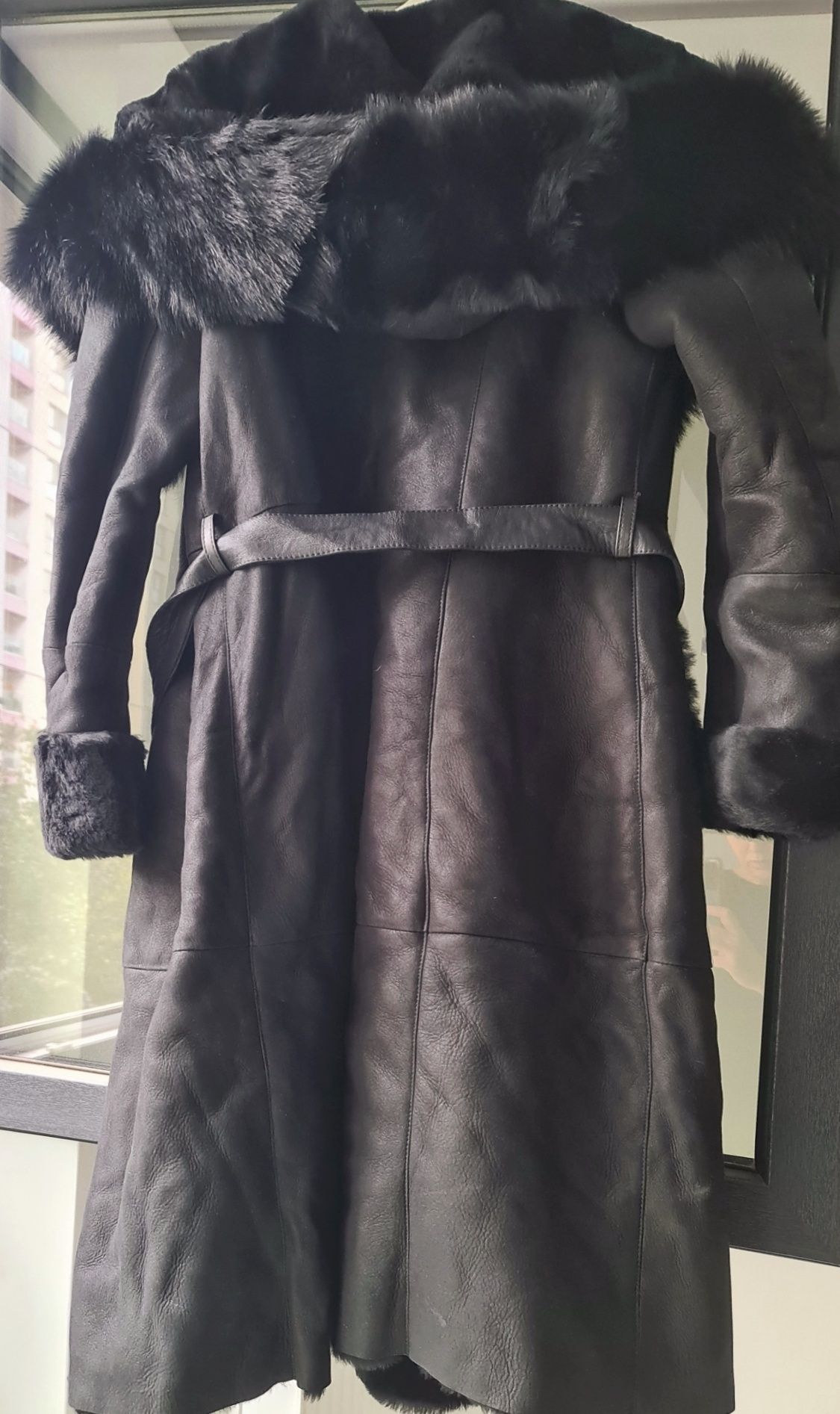 Cojoc lung de dama NOU - Piele naturala si blana PREMIUM, marime 44 EU