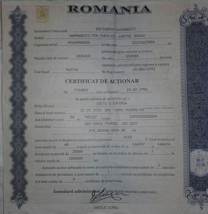 Lot 2 x certificat actionar 40 actiuni Rafinaria Darmanesti Bacau