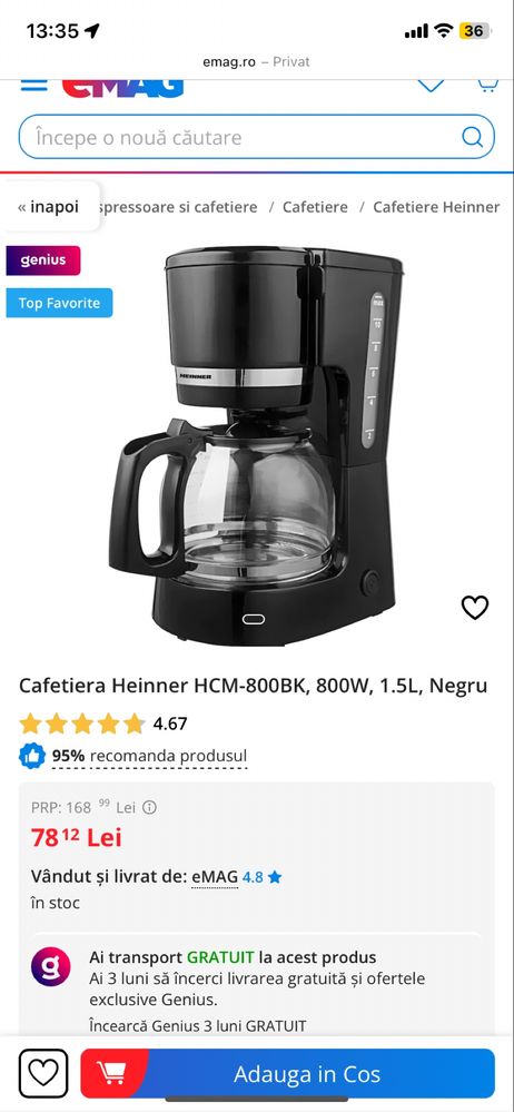 Cafetiera Heinner HCM-800BK, 800W, 1.5L, Negru