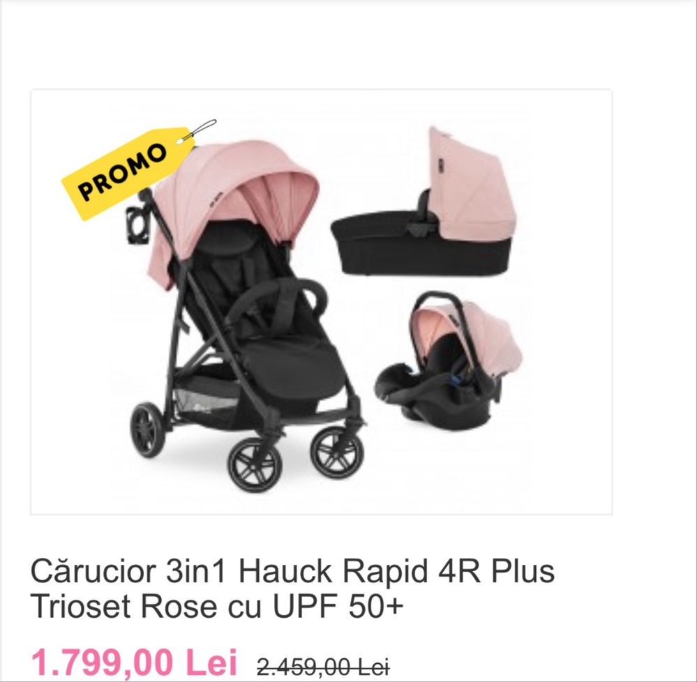 Carucior 3in1 Hauck Rapid 4R Plus Trioset Rose cu UPF 50+