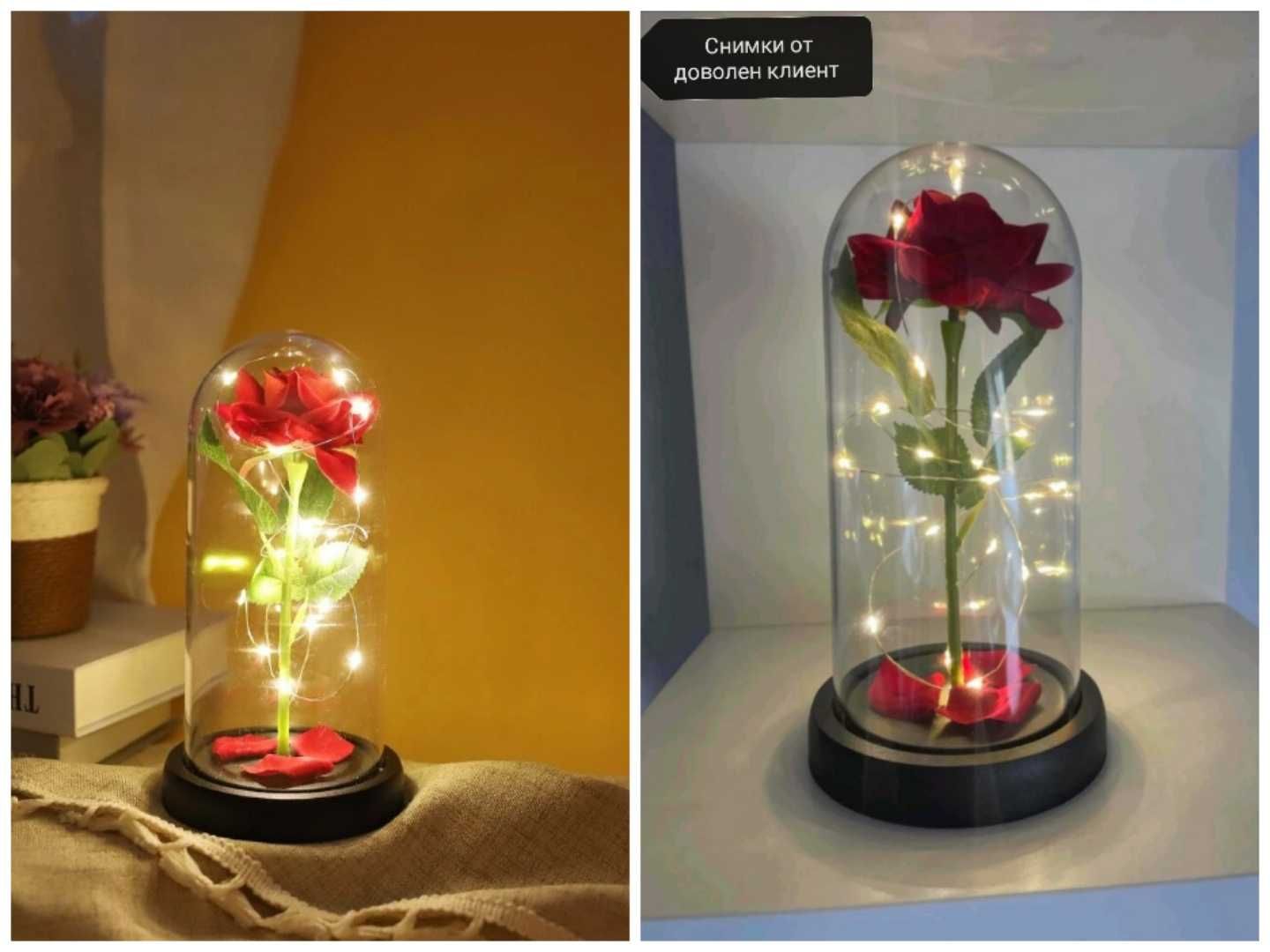 Вечна роза в стъкленица с лед светлини за подарък