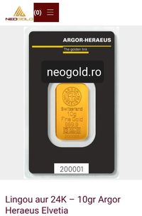 Lingou aur 24k 10 grame Argor Heraeus Elveția NEOGOLD.RO