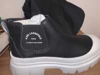 KARL LAGERFELD - Ghete Chelsea de piele cu logo, Negru, Alb,