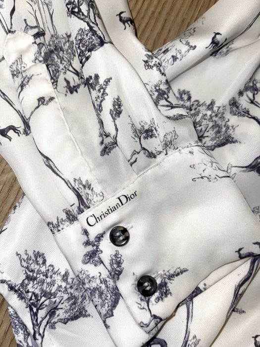 копринена бяла риза на диор dior с дъкъг ръкав сини дървета луксозна