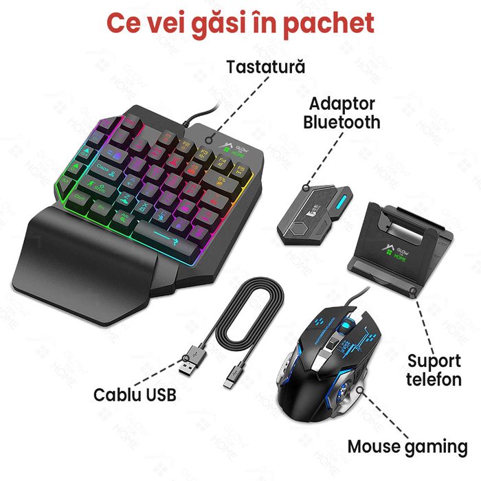 Set gaming cu tastatura iluminata gaming 39 taste one hand si mouse