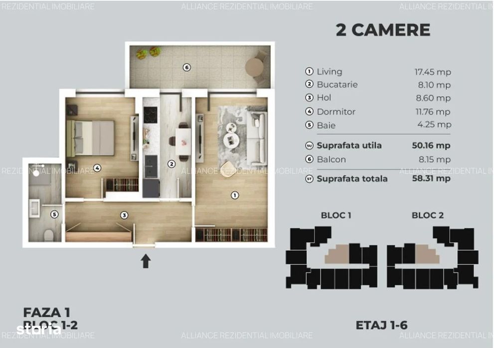 Apartament 2 camere, 4 minute metrou Berceni, 59mp, Nou, Decomandat