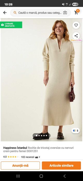 Rochie de tricotaj oversize cu nervuri crem,Nouă