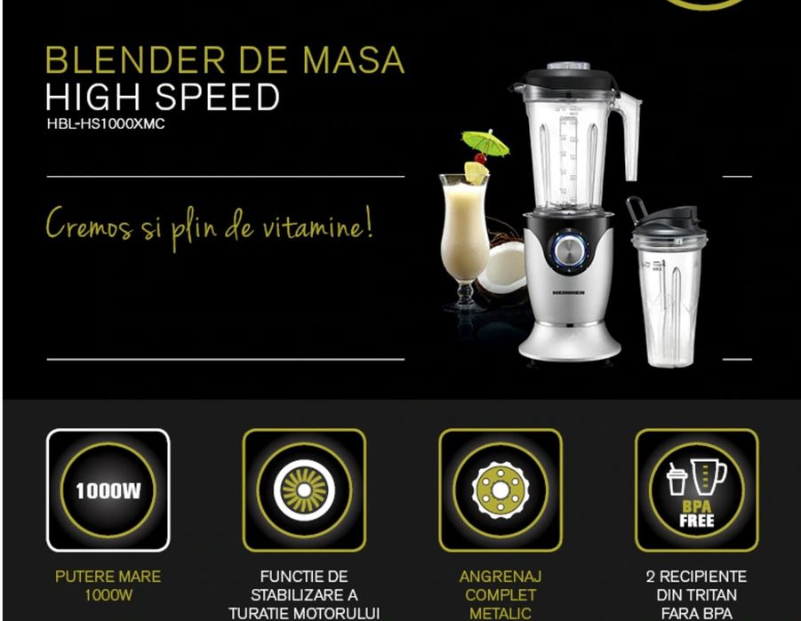Blender Heinner HBL-HS1000XMC, 1000 W, 22000 rpm, 7 viteze