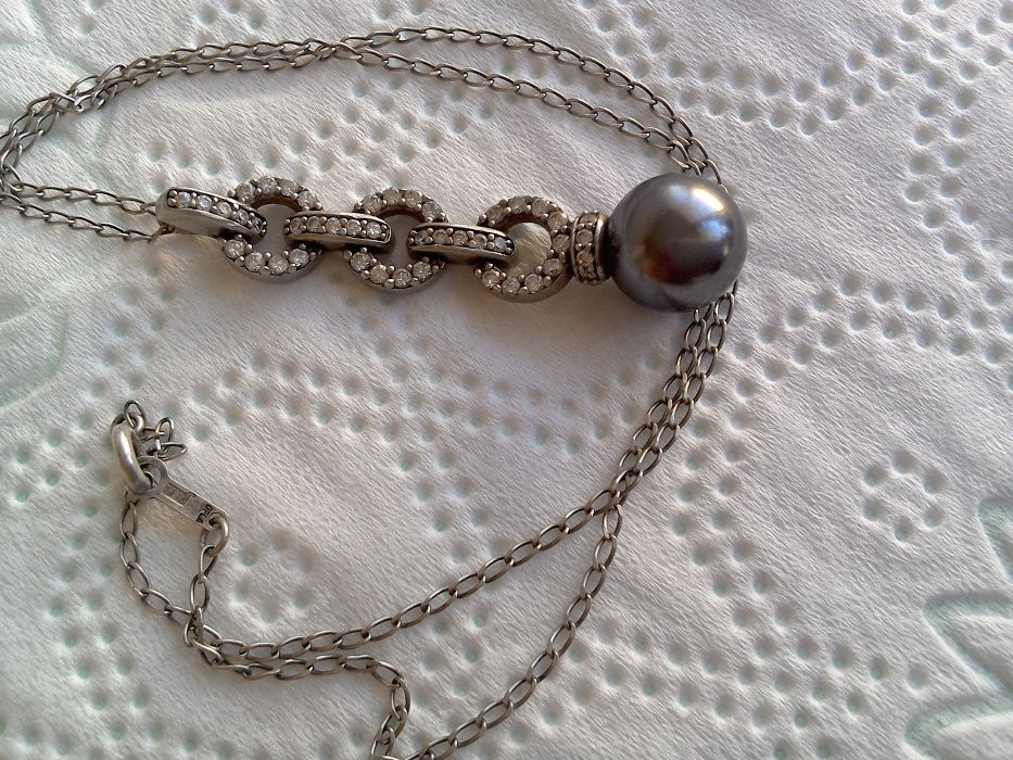 Bijuterie argint veche 925, pandant cu lanț și perlă neagră