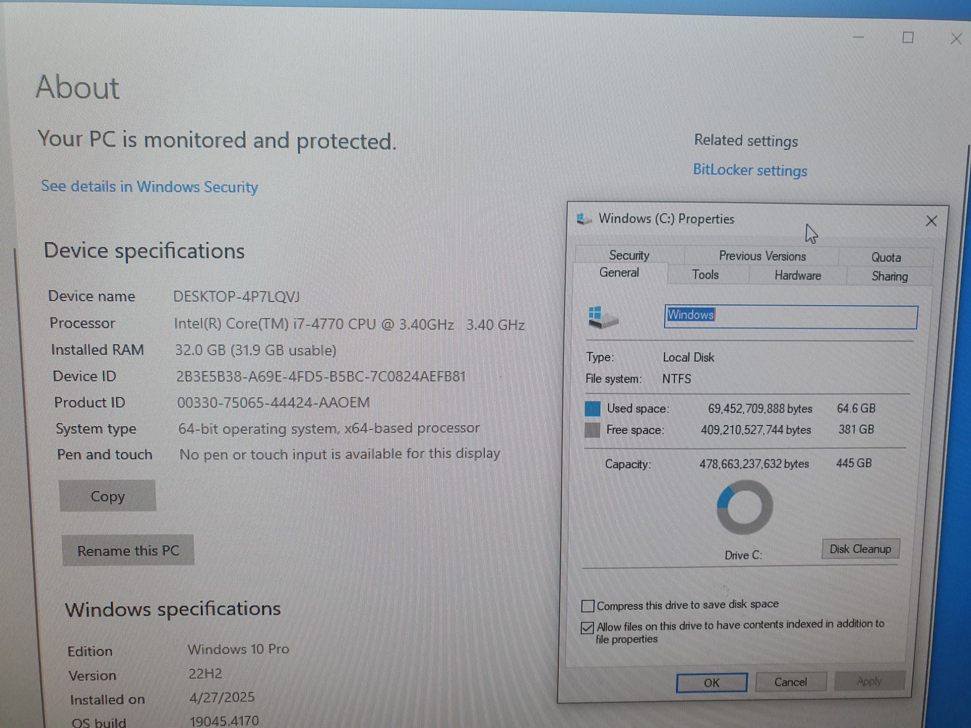 Computer desktop Intel Core i7 3.4 GHz, 32 GB RAM, 445 GB HD