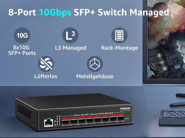 YuanLey 8 портов 10G SFP+ L3 управляем суич с до 160Gbps