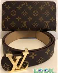 Set Louis Vuitton, curea unisex+portofel ,logo imprimat, saculet inclu