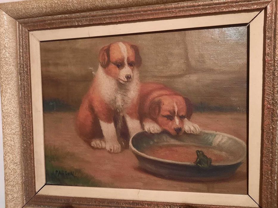 tablou catei saint bernard cu musafir la mancare