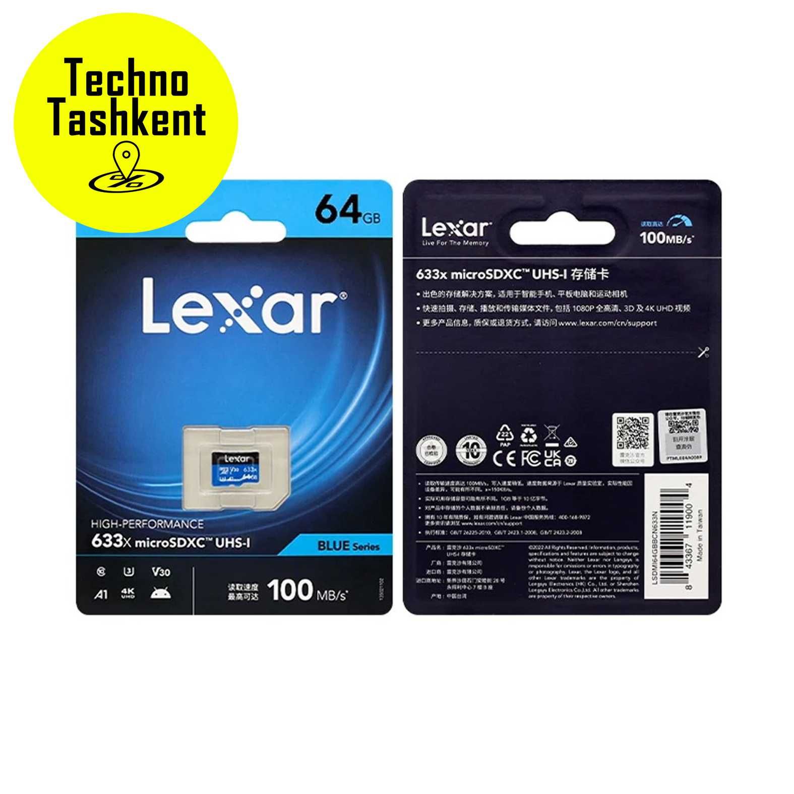 Карта памяти Lexar 32/64/128GB A1, V30, 4K, 100Mb/s microSDXC UHS-I