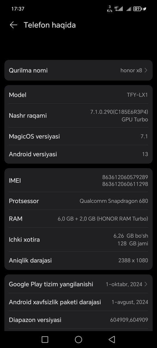 Telfon honor x8 6/128
