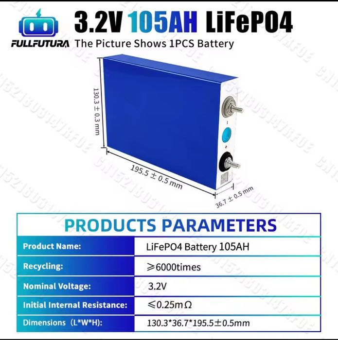 Baterii LiFePO4, 105Ah, 3.2V, 130.3x36.7x195.5mm, 1.98kg