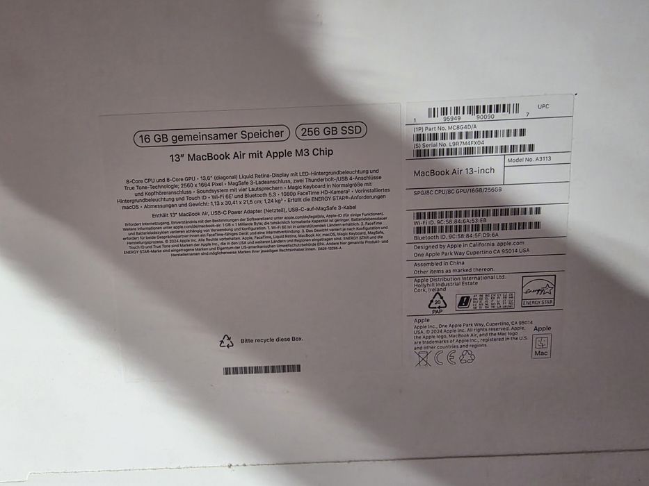 Macbook Air, Apple M3, 16/256 GB