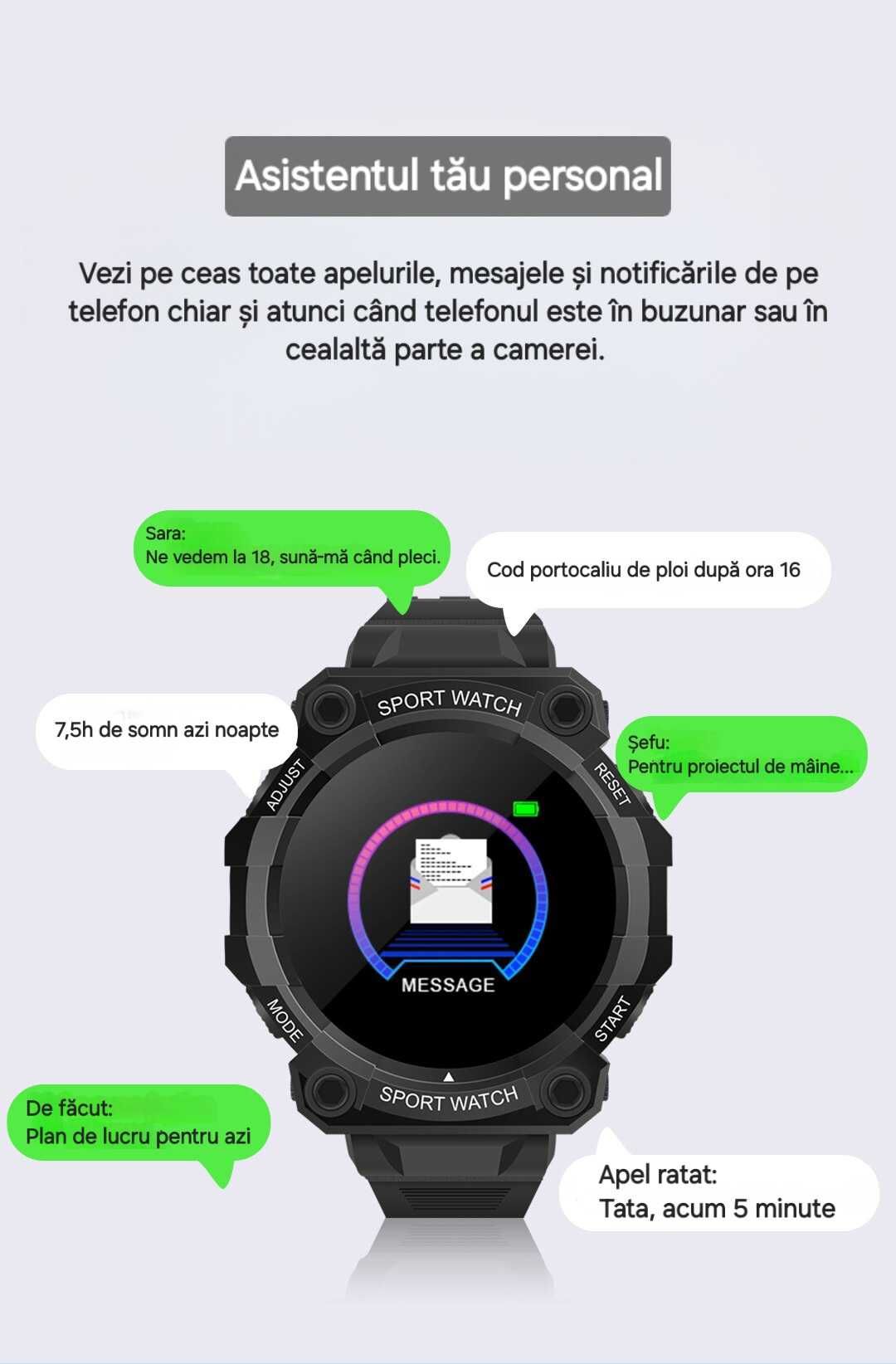 Smartwatch sport cu funcție fitness, somn, mesaje