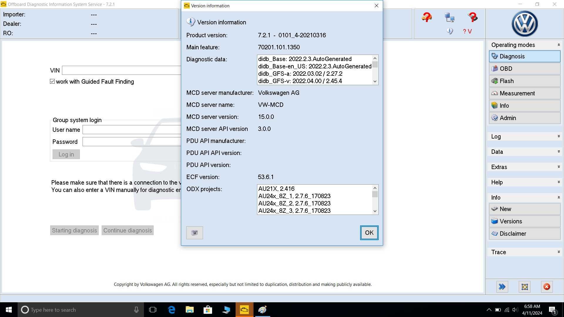 Program ODIS 7.2.1 pentru diagnozele VAS 5054, 5054A, 6154 si VxDiag