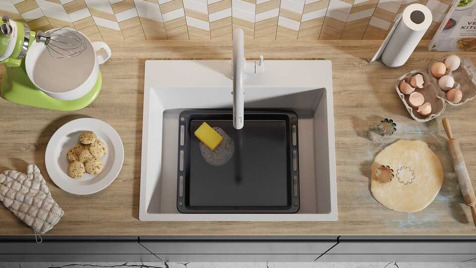 Бяла Кухненска Мивка от гранит модел Рига 60 XL 580 x 500 мм