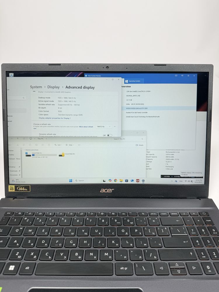 Гаранция Acer Aspire 7/15,6” 144Hz IPS/i5-12450H/RTX 2050/16GB/512GB