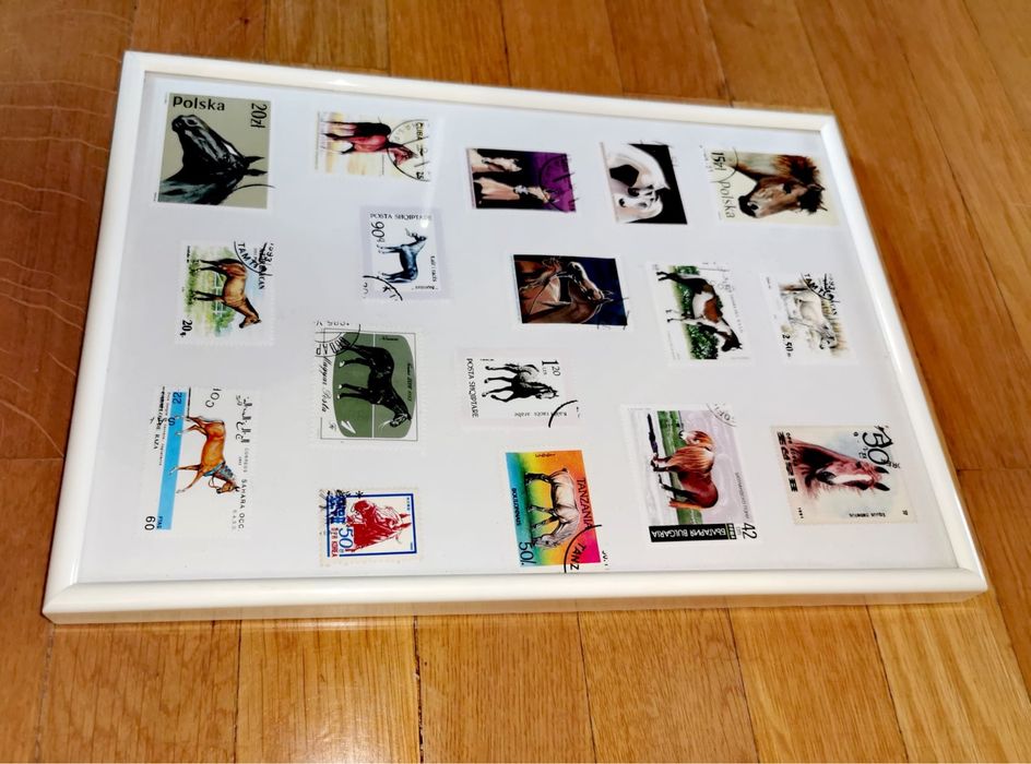 Картина от пощенски марки 17 бр. коне в бяла рамка 20,5 х 28,5 х 2 см