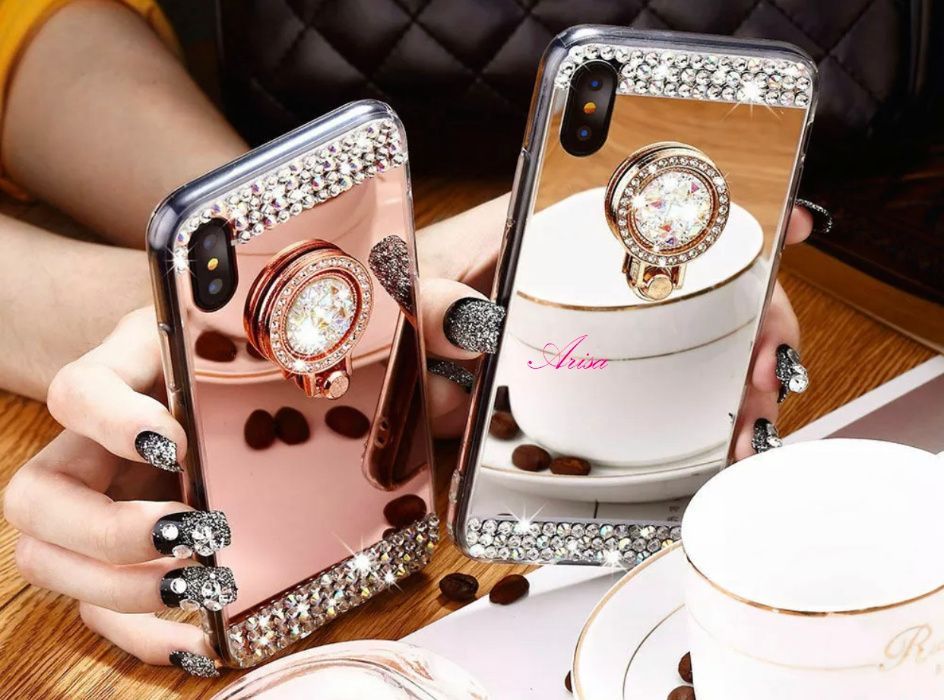 Husa Silicon oglinda cu pietricele si inel iPhone X , XS , XR , XS Max