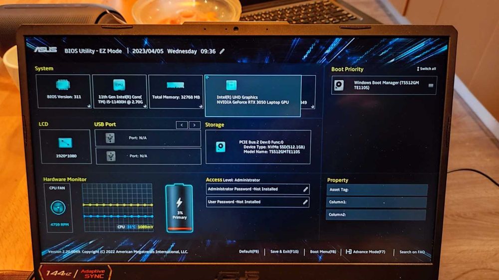 Laptop Gaming ASUS TUF F15 11400H 32Gb NVIDIA RTX 3050 Ecran 144Hz
