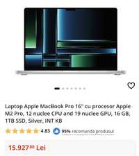 MacBook Pro 16" appleM2 Pro,16 GB, 1TB SSD, Silver 10 cicluri incarcar