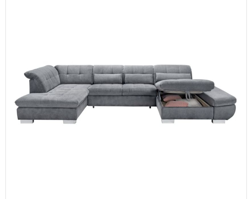 СИВА П-ОБРАЗНА ХОЛНА ГАРНИТУРА  с дясна лежанка и функция сън