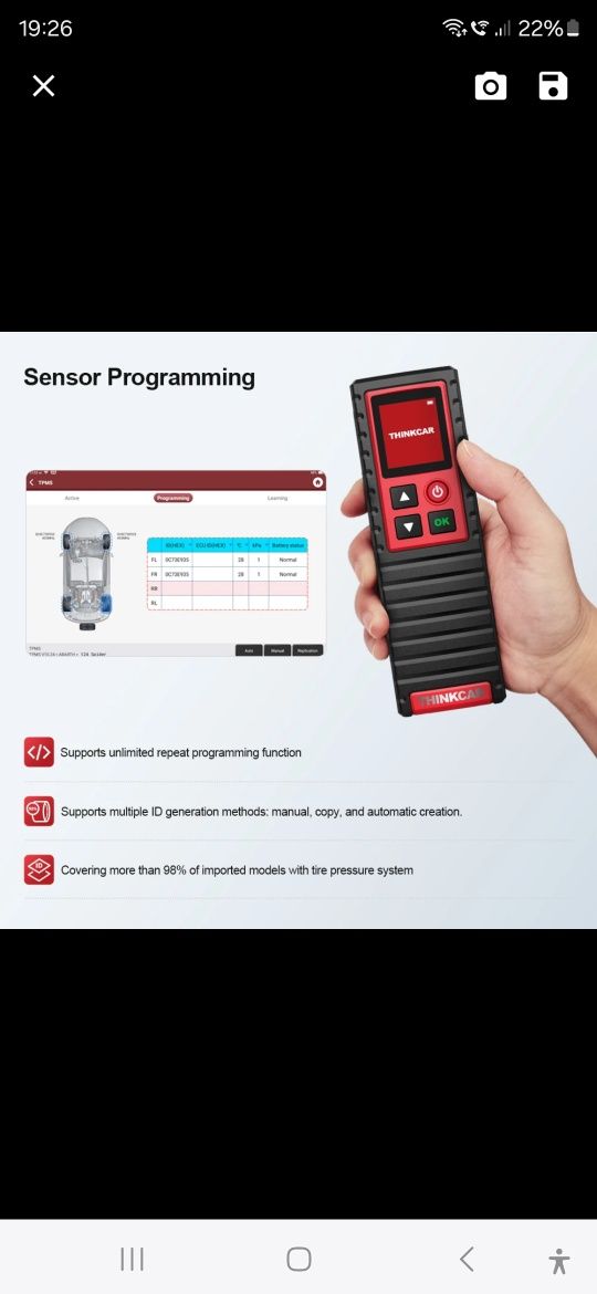 Aparat verificare programare senzori presiune roti anvelope THINKTPMS