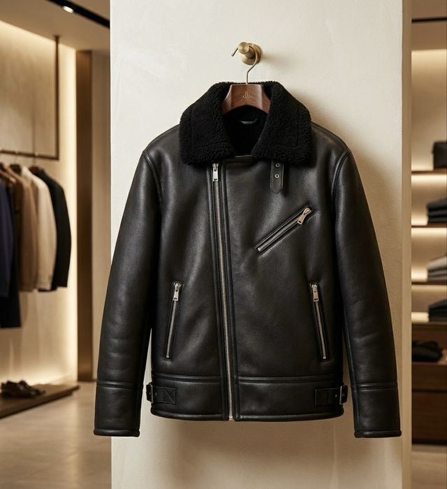 Мъжко кожено палто набук и каракул ХЛ