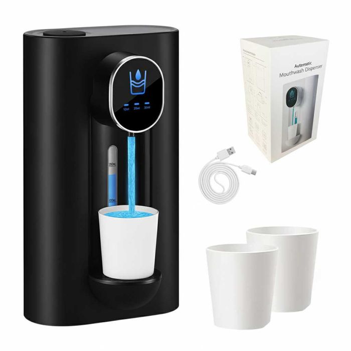 Dozator apa de gura, negru, incarcare USB-C, rezistent la apa + pahare