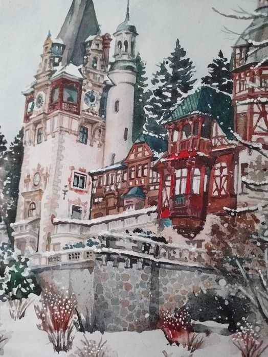 Vind kartma auvarelle Castelul Peles, Sinaia