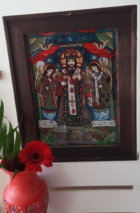 Icoană pictată pe sticlă-Iisus Hristos Împărat și Mare Arhiereu