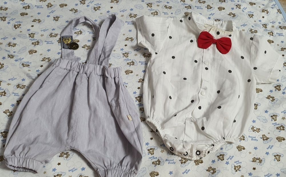 Set elegant pentru bebe- pantaloni cu bretele și body tip cămașă